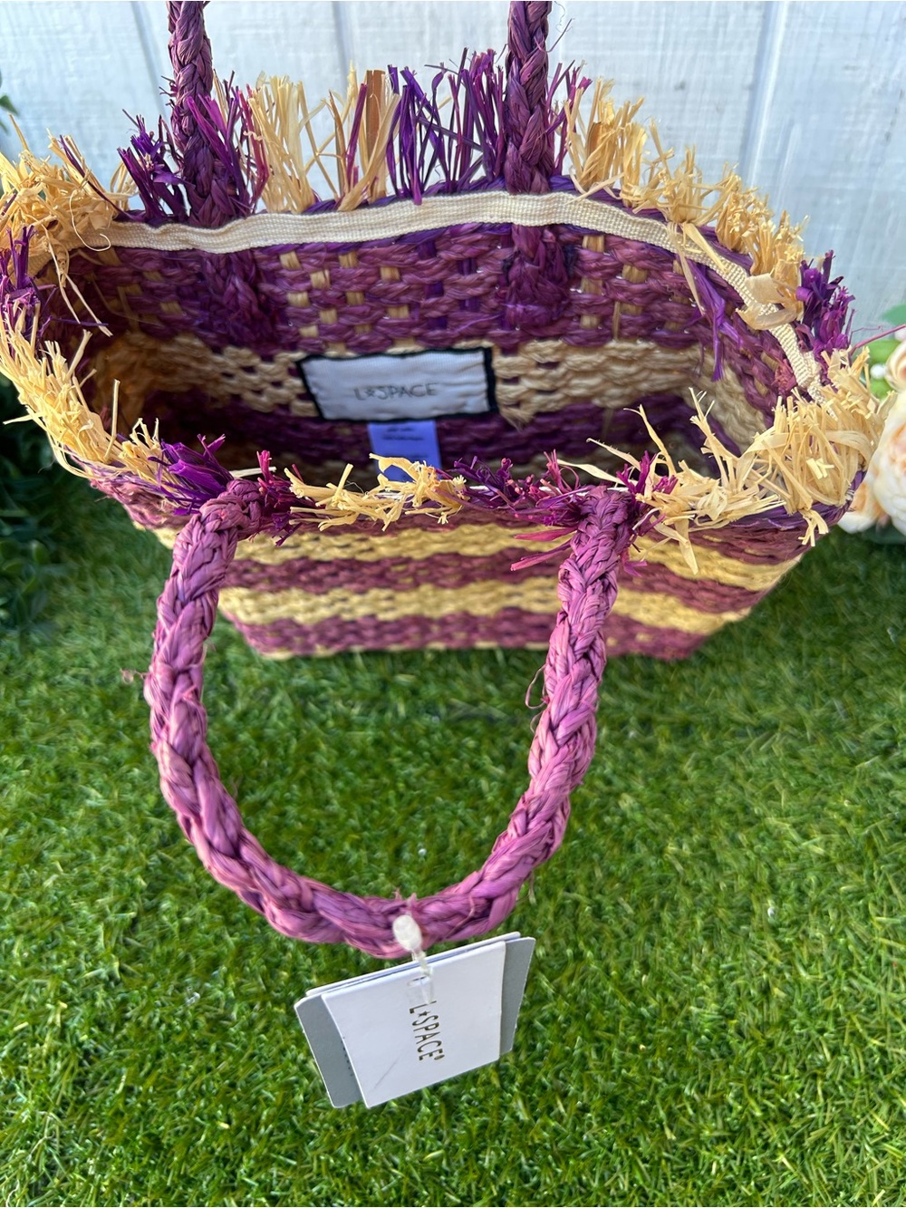 L Space - Charlie Bag - Berry Woven Straw Tote Bag in Purple and Natural New - Picture 10 of 16